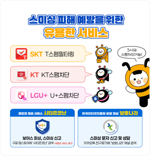 스미싱 피해 예방을 위한 유용한 서비스 SKT T스팸필터링, KT KT스팸차단, LGU+ U+ 스팸차단, 3사의 스팸차단기능! 경찰청 제공 서비스 시티즌코난 보이스 피싱, 스미싱 신고 구글 앱스토어에 '시티즌코난' 검색 *애플은 서비스 불가, 한국인터넷진흥원 운영 채널 보호나라 스미싱 문자 신고 및 상담 카카오톡 친구찾기에 '보호나라' 채널 검색