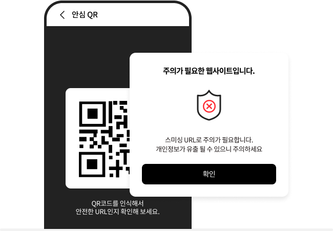 큐싱 사용 예시화면. QR코드를 인식해서 안전한 URL인지 확인해 보세요. 안심 QR 사용 화면에서 주의가 필요한 웹사이트. 스미싱 URL로 주의가 필요합니다. 개인정보가 유출될 수 있으니 주의하세요 안내 팝업이 있는 예시 화면