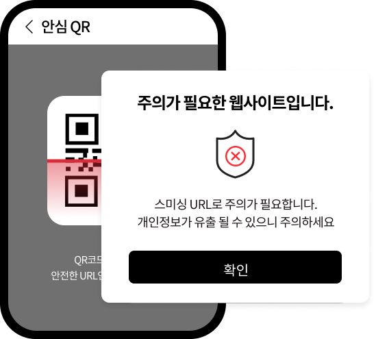 큐싱 사용 예시화면. QR코드를 인식해서 안전한 URL인지 확인해 보세요. 안심 QR 사용 화면에서 주의가 필요한 웹사이트. 스미싱 URL로 주의가 필요합니다. 개인정보가 유출될 수 있으니 주의하세요 안내 팝업이 있는 예시 화면